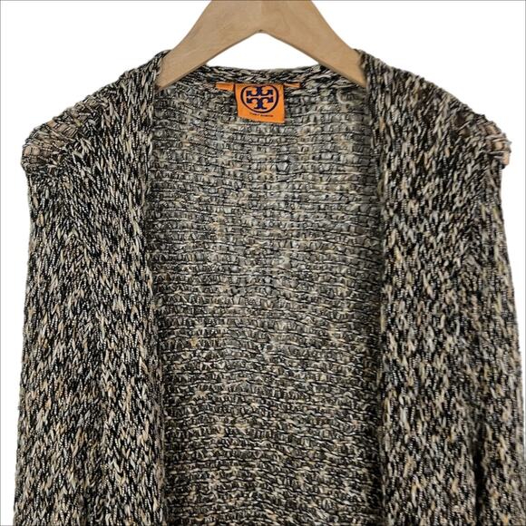 Tory Burch Open Knit Crochet Open Front Cardigan Sweater Tan & Black Size XS - Picture 4 of 8
